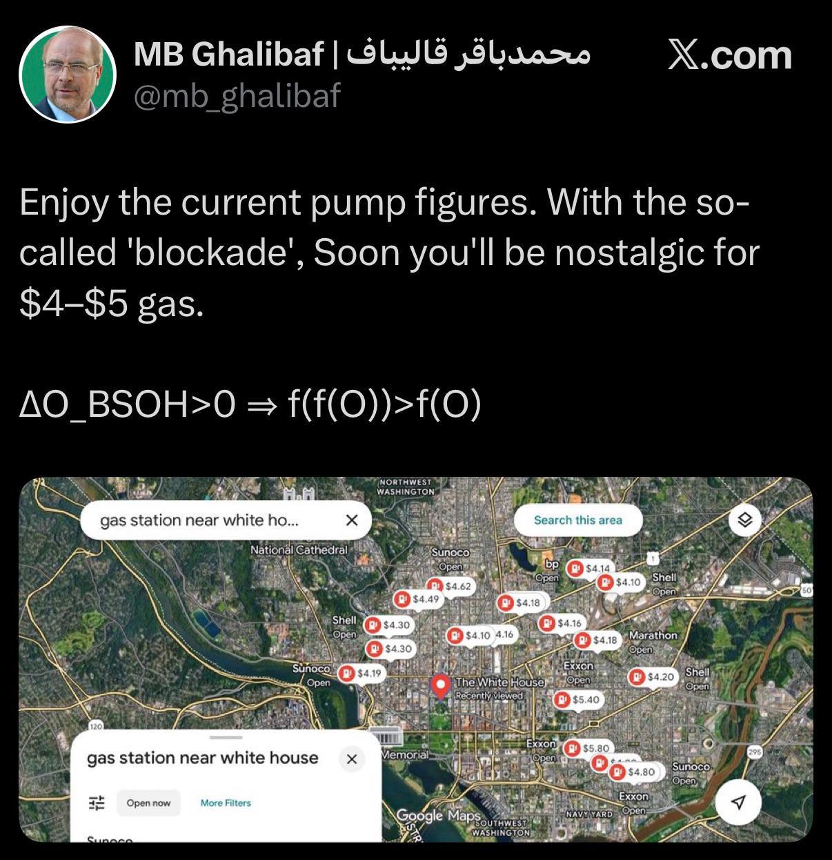 MB Ghalibaf tweet about gas prices near White House